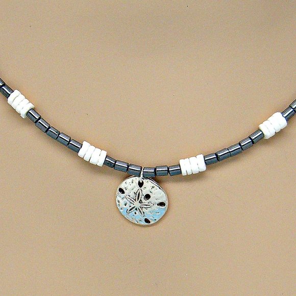 Sand Dollar Necklace Black Glass White Puka Shells 18" 7088-13 - Picture 2 of 7